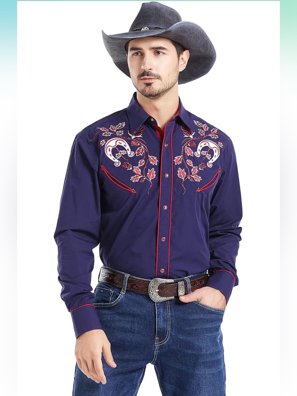 El Pionero Men's Floral Horseshoe Embroidered Retro Western Cowboy Shirt XL